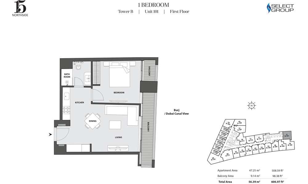 Tower B, 1 Bedroom, Unit 101, First Floor